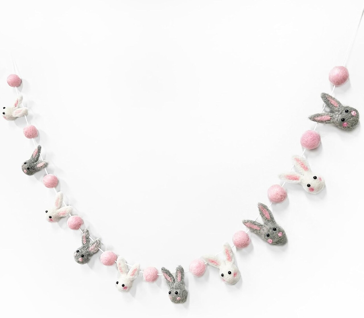 Easter Felt Garland – Wool Rabbit & Pom Pom Bunny Ball Banner for Holiday, Baby Shower, Nursery & Wall Hanging Decor (White/Pink/Grey)